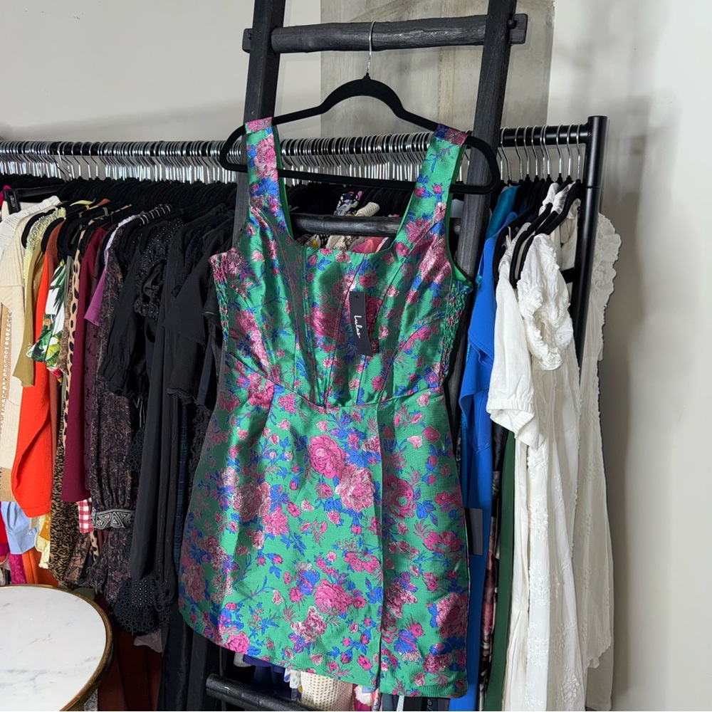 Lulus Compelling Drama Green Floral Jacquard Lurex Bustier Mini Dress Medium New - Picture 6 of 15